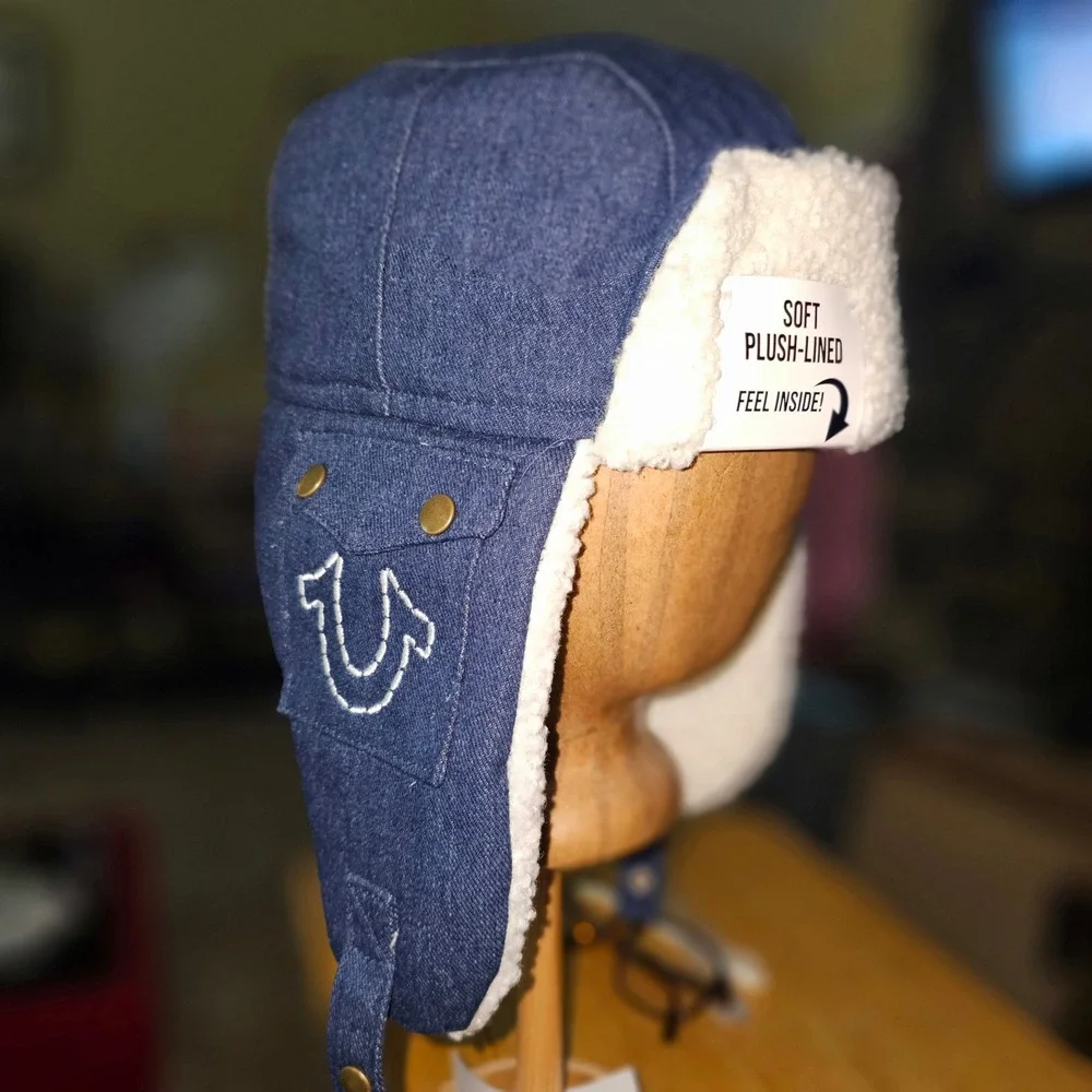 True Religion Trapper Hat Unisex OS Blue Denim New